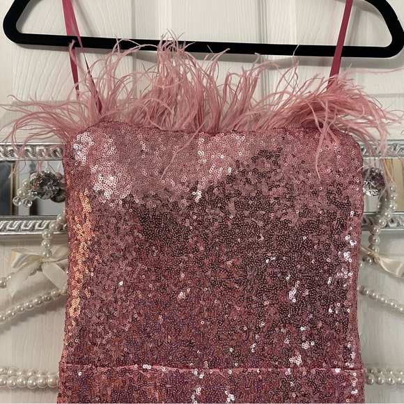 Pink Sequin Feather Trim Dress - Picture 2 of 10